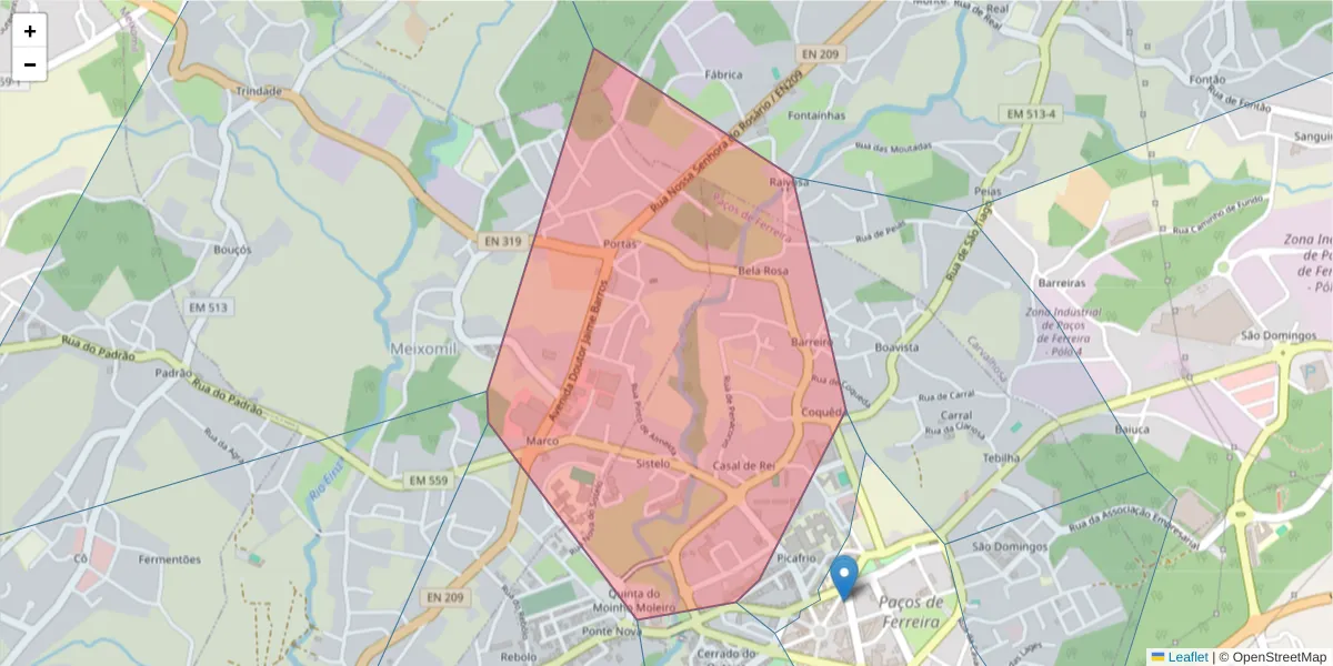 Mapa detalhado do código postal 4590-182 com limites, códigos postais vizinhos e agências dos correios