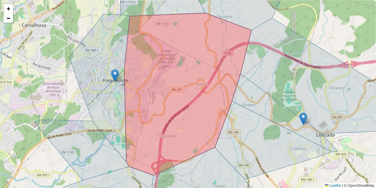 Mapa detalhado do código postal 4590-338 com limites, códigos postais vizinhos e agências dos correios