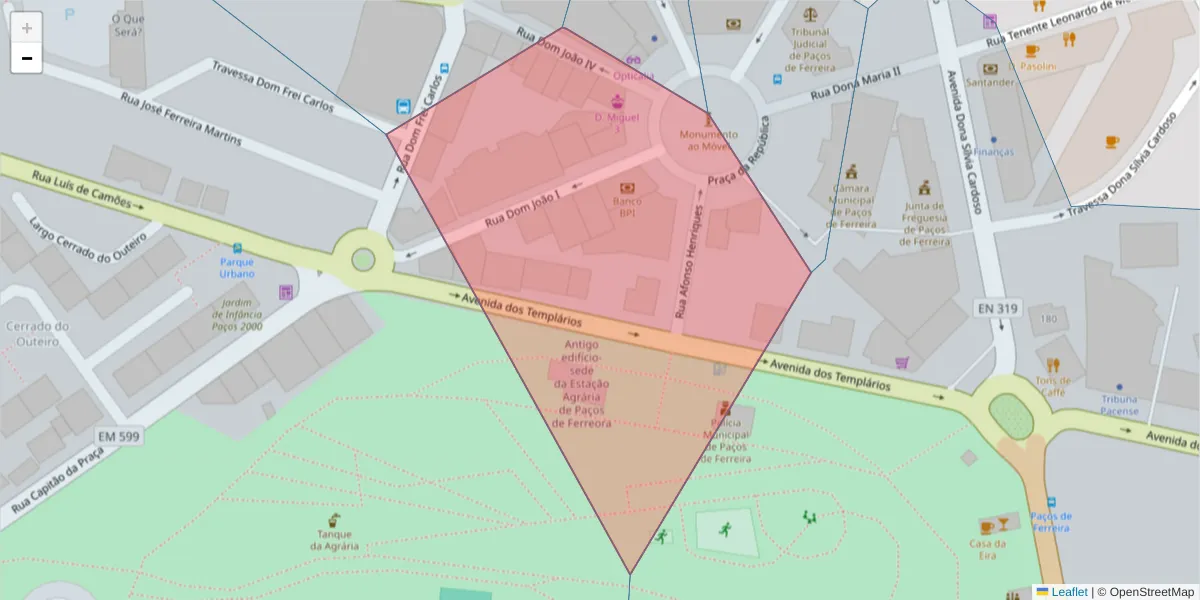 Mapa detalhado do código postal 4590-453 com limites, códigos postais vizinhos e agências dos correios