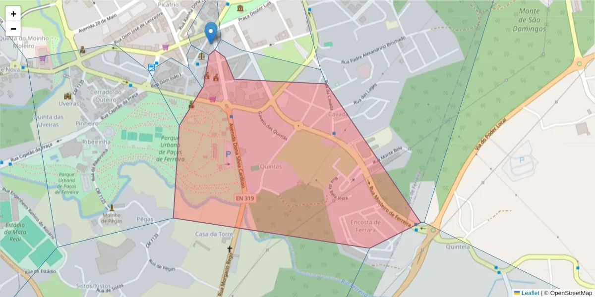 Mapa detalhado do código postal 4590-507 com limites, códigos postais vizinhos e agências dos correios