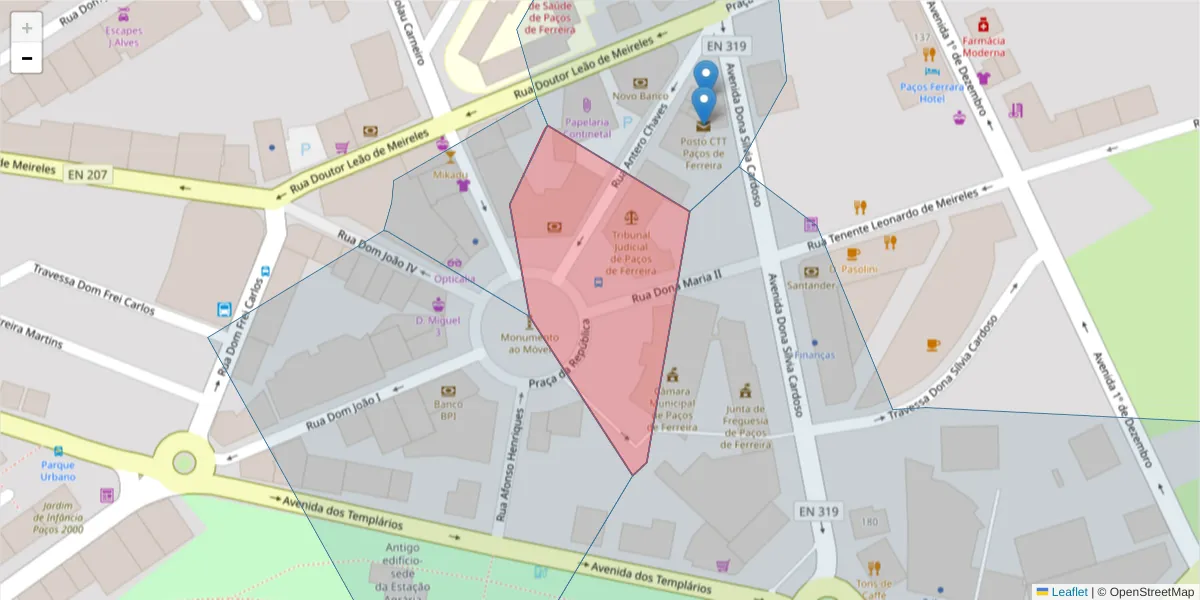 Mapa detalhado do código postal 4590-527 com limites, códigos postais vizinhos e agências dos correios