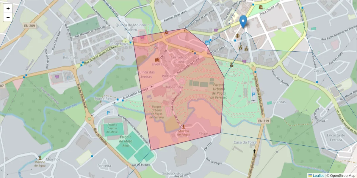 Mapa detalhado do código postal 4590-570 com limites, códigos postais vizinhos e agências dos correios
