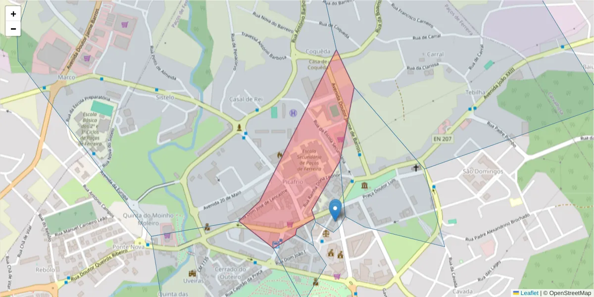 Mapa detalhado do código postal 4590-586 com limites, códigos postais vizinhos e agências dos correios