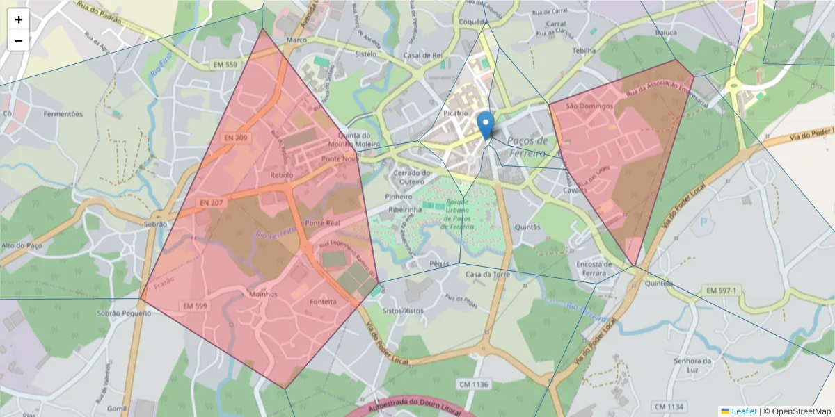 Mapa detalhado do código postal 4590 com limites, códigos postais vizinhos e agências dos correios