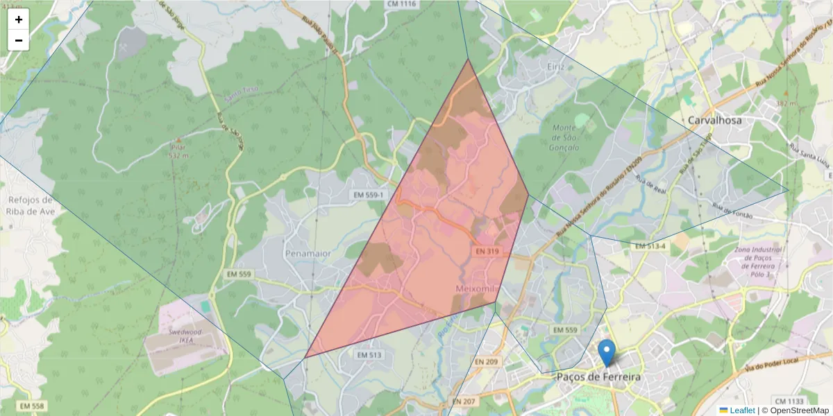 Mapa detalhado do código postal 4595-338 com limites, códigos postais vizinhos e agências dos correios