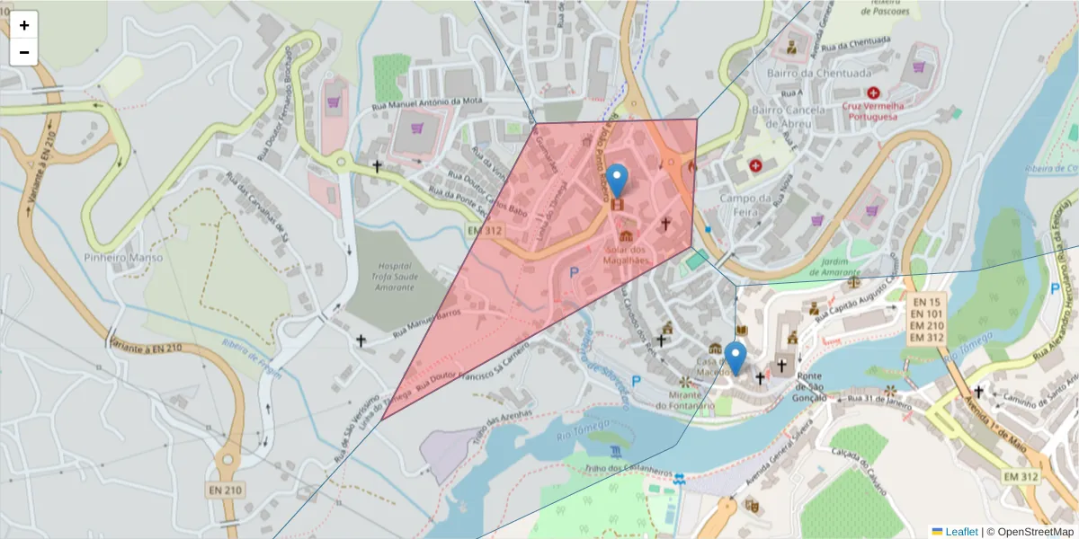 Mapa detalhado do código postal 4600-035 com limites, códigos postais vizinhos e agências dos correios
