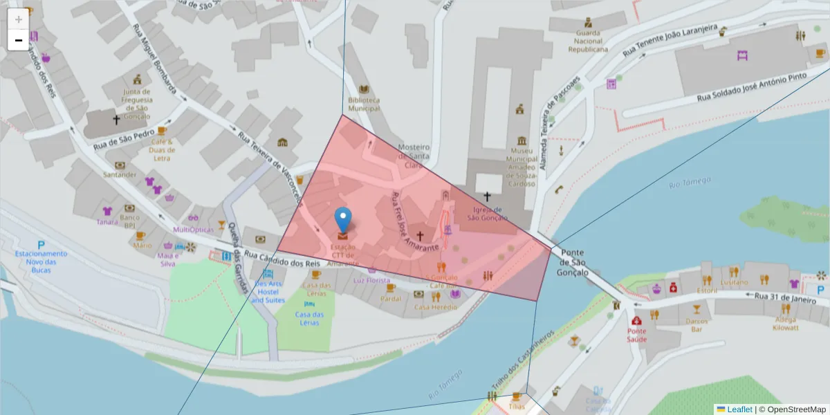 Mapa detalhado do código postal 4600-038 com limites, códigos postais vizinhos e agências dos correios