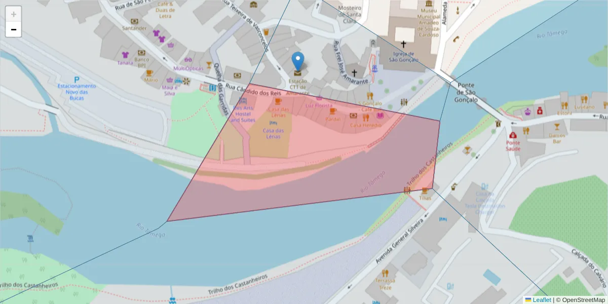 Mapa detalhado do código postal 4600-044 com limites, códigos postais vizinhos e agências dos correios