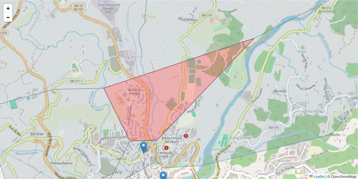 Mapa detalhado do código postal 4600-281 com limites, códigos postais vizinhos e agências dos correios