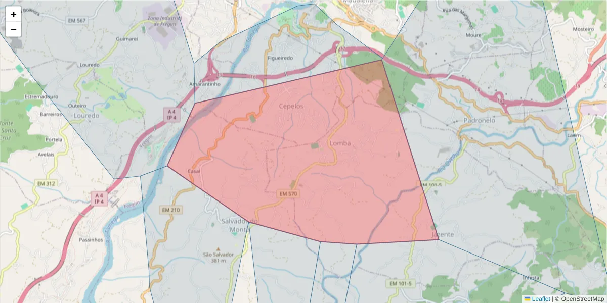 Mapa detalhado do código postal 4600-661 com limites, códigos postais vizinhos e agências dos correios