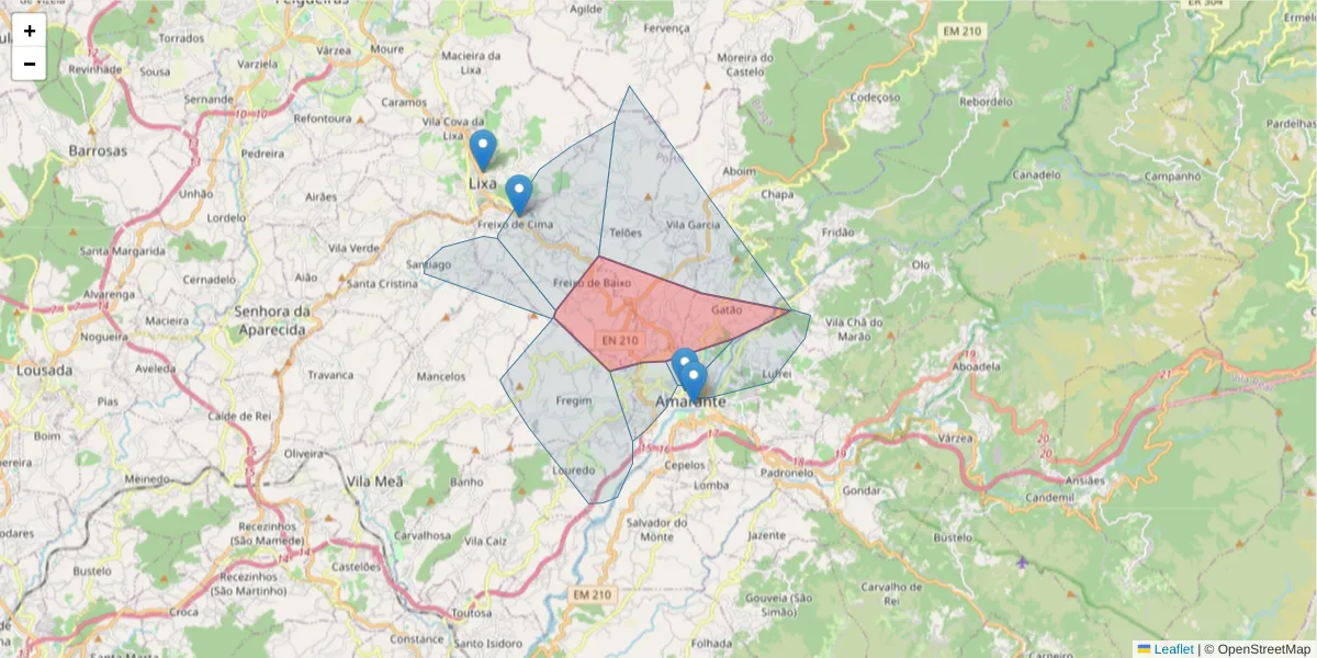 Mapa detalhado do código postal 4600 com limites, códigos postais vizinhos e agências dos correios