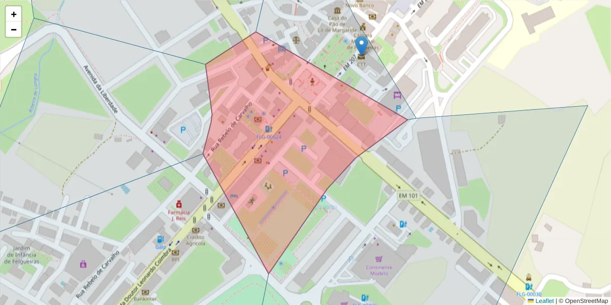 Mapa detalhado do código postal 4610-105 com limites, códigos postais vizinhos e agências dos correios