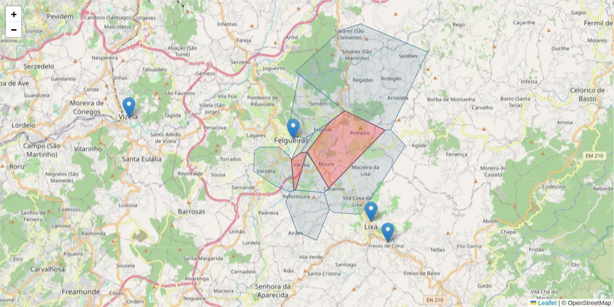 Mapa detalhado do código postal 4610-108 com limites, códigos postais vizinhos e agências dos correios