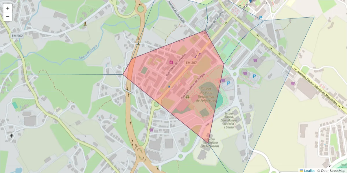 Mapa detalhado do código postal 4610-212 com limites, códigos postais vizinhos e agências dos correios
