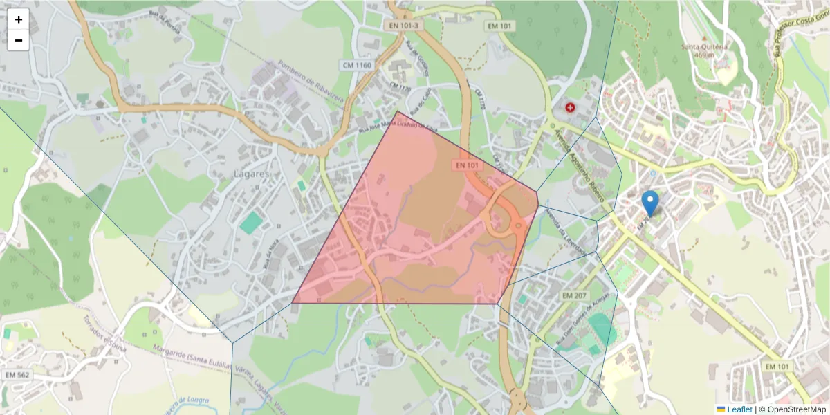Mapa detalhado do código postal 4610-285 com limites, códigos postais vizinhos e agências dos correios