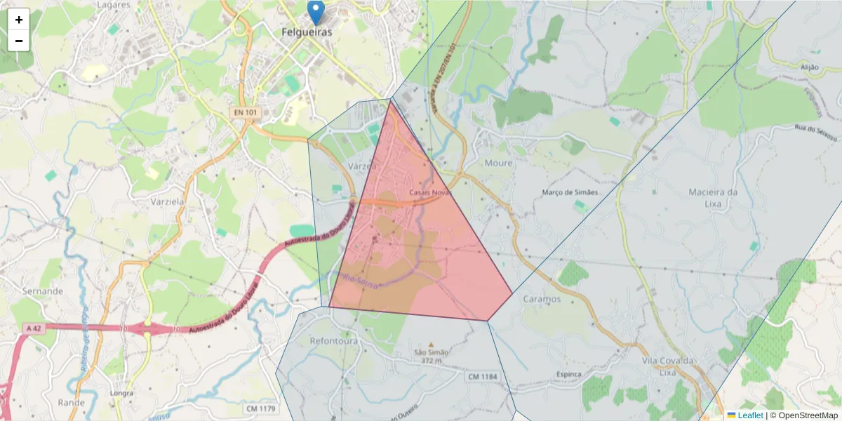 Mapa detalhado do código postal 4610-826 com limites, códigos postais vizinhos e agências dos correios