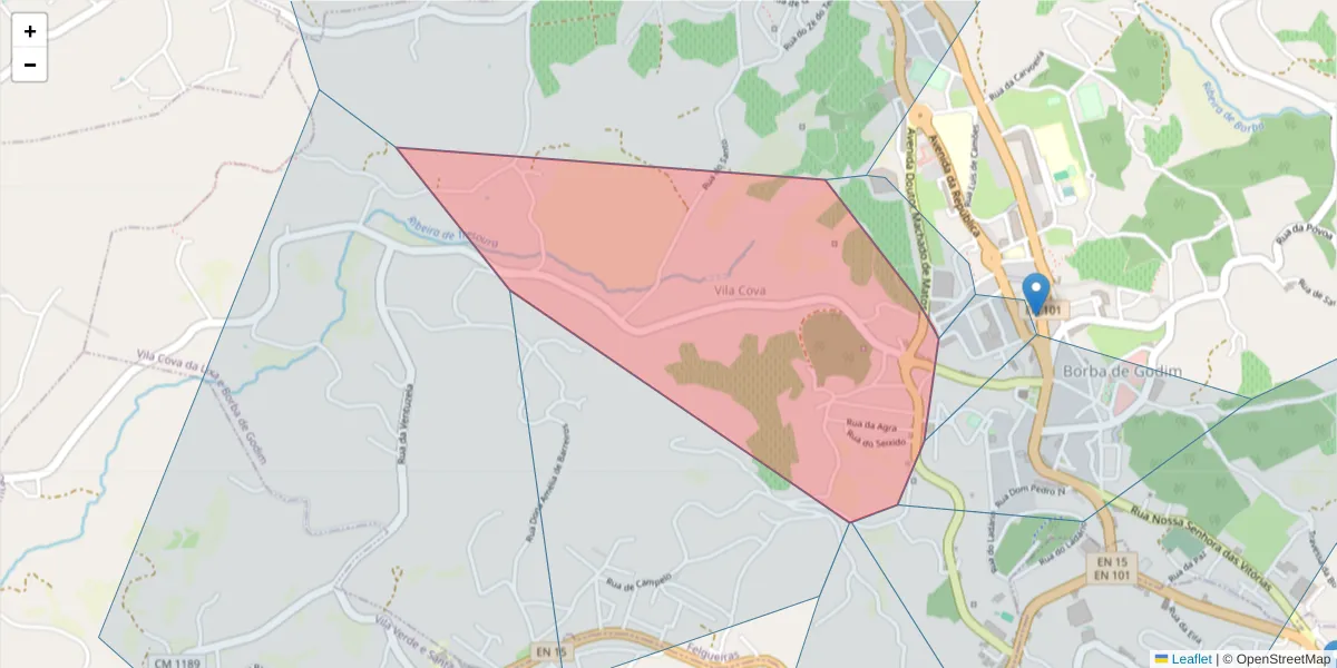 Mapa detalhado do código postal 4615-010 com limites, códigos postais vizinhos e agências dos correios