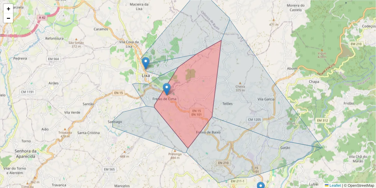 Mapa detalhado do código postal 4615-023 com limites, códigos postais vizinhos e agências dos correios