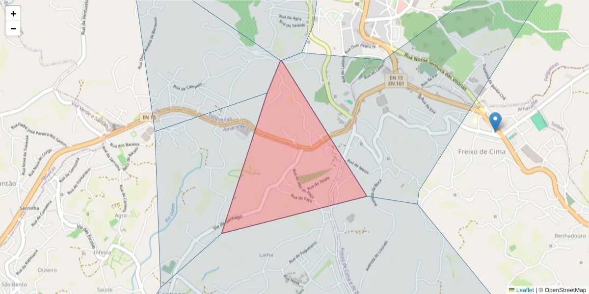 Mapa detalhado do código postal 4615-174 com limites, códigos postais vizinhos e agências dos correios