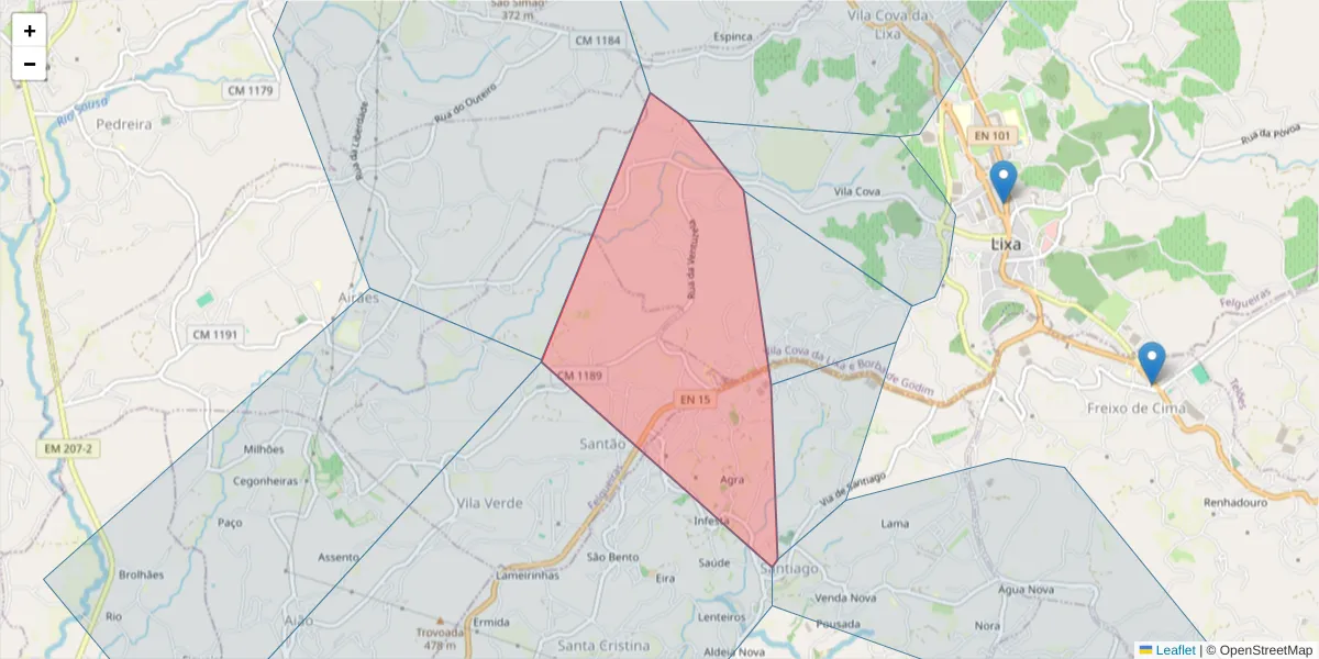 Mapa detalhado do código postal 4615-463 com limites, códigos postais vizinhos e agências dos correios