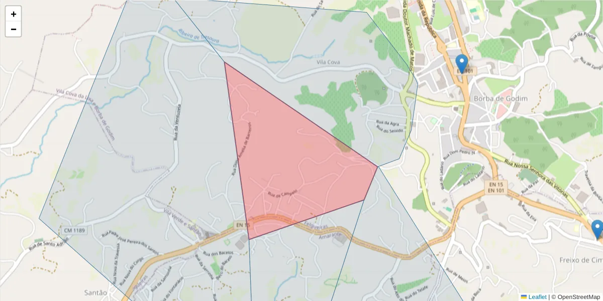 Mapa detalhado do código postal 4615-509 com limites, códigos postais vizinhos e agências dos correios