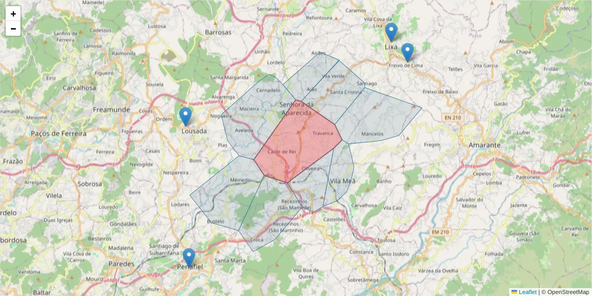 Mapa detalhado do código postal 4620-074 com limites, códigos postais vizinhos e agências dos correios