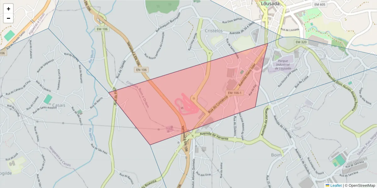 Mapa detalhado do código postal 4620-134 com limites, códigos postais vizinhos e agências dos correios