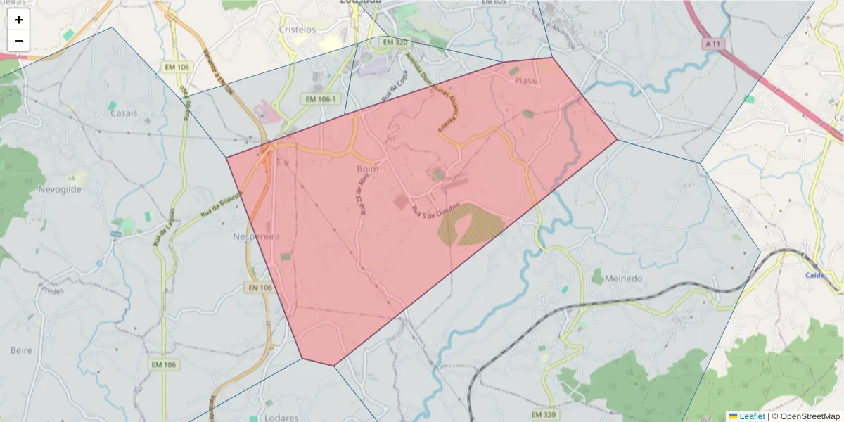 Mapa detalhado do código postal 4620-167 com limites, códigos postais vizinhos e agências dos correios