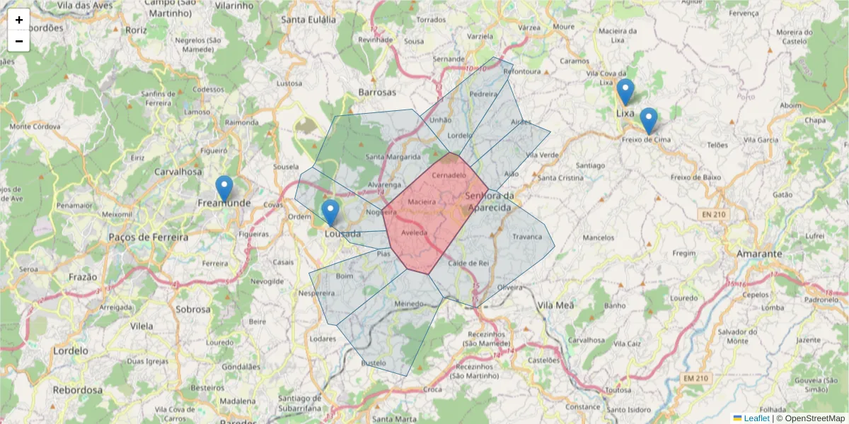 Mapa detalhado do código postal 4620-316 com limites, códigos postais vizinhos e agências dos correios