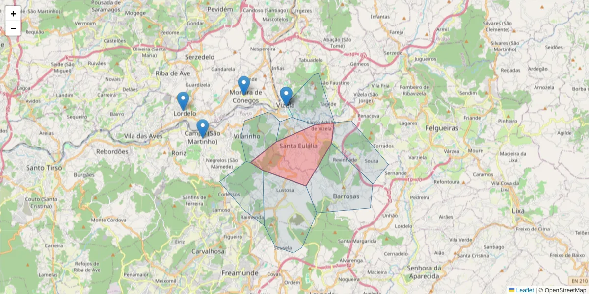Mapa detalhado do código postal 4620-529 Santa Eulália VIZ com limites, códigos postais vizinhos e agências dos correios