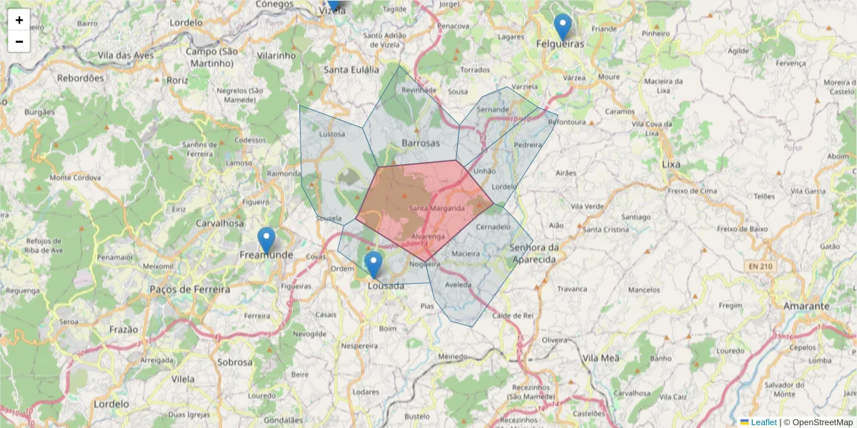 Mapa detalhado do código postal 4620-610 com limites, códigos postais vizinhos e agências dos correios
