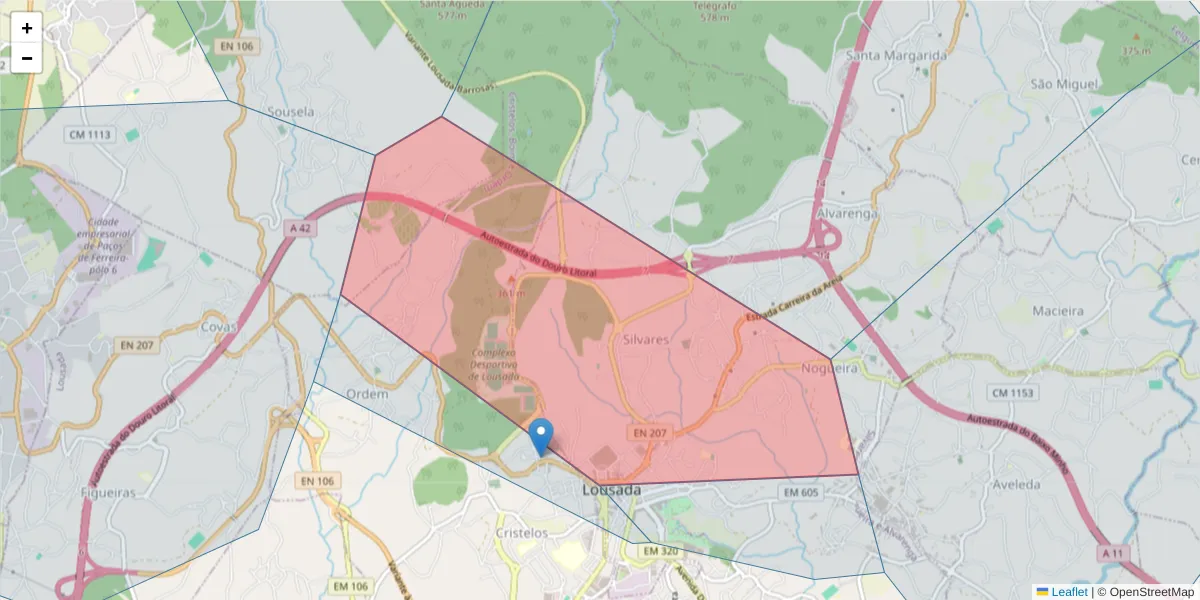 Mapa detalhado do código postal 4620-695 com limites, códigos postais vizinhos e agências dos correios
