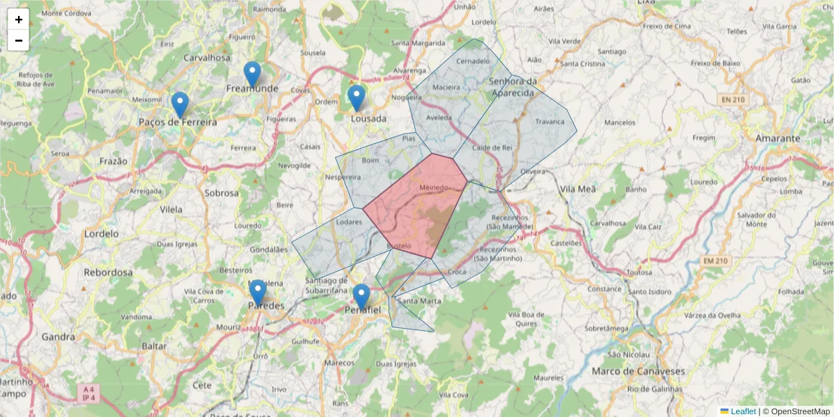 Mapa detalhado do código postal 4620-848 com limites, códigos postais vizinhos e agências dos correios