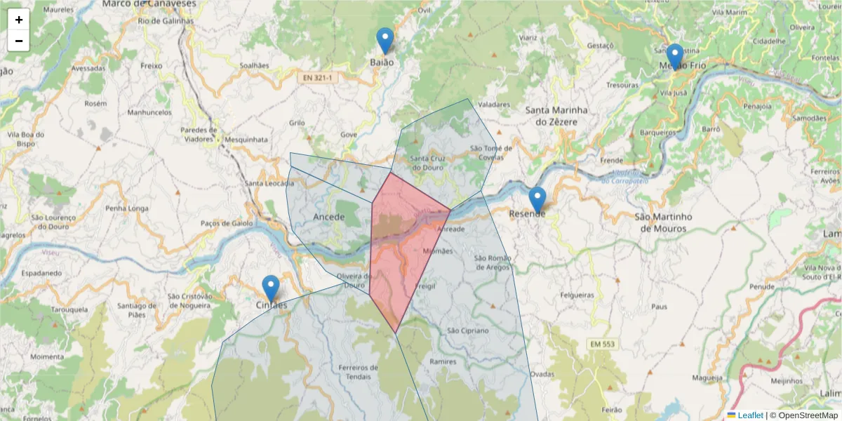 Mapa detalhado do código postal 4620 com limites, códigos postais vizinhos e agências dos correios