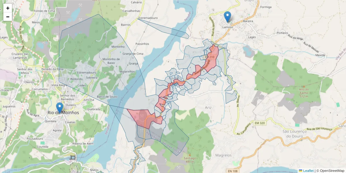 Mapa detalhado do código postal 4625-070 com limites, códigos postais vizinhos e agências dos correios