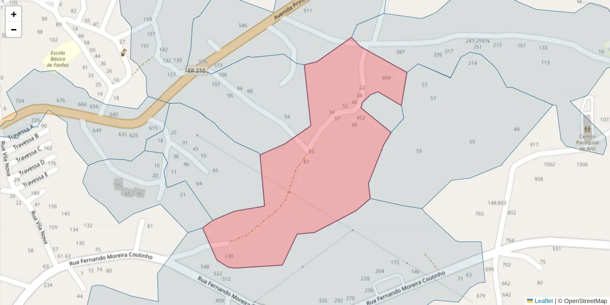 Mapa detalhado do código postal 4625-074 com limites, códigos postais vizinhos e agências dos correios