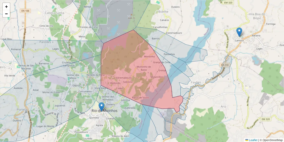 Mapa detalhado do código postal 4625-080 com limites, códigos postais vizinhos e agências dos correios