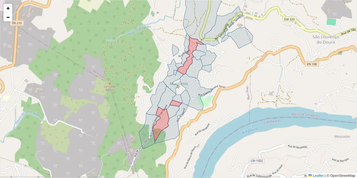 Mapa detalhado do código postal 4625-143 com limites, códigos postais vizinhos e agências dos correios