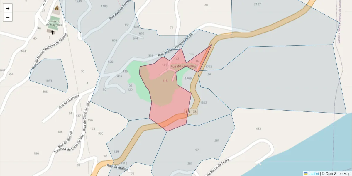 Mapa detalhado do código postal 4625-149 com limites, códigos postais vizinhos e agências dos correios