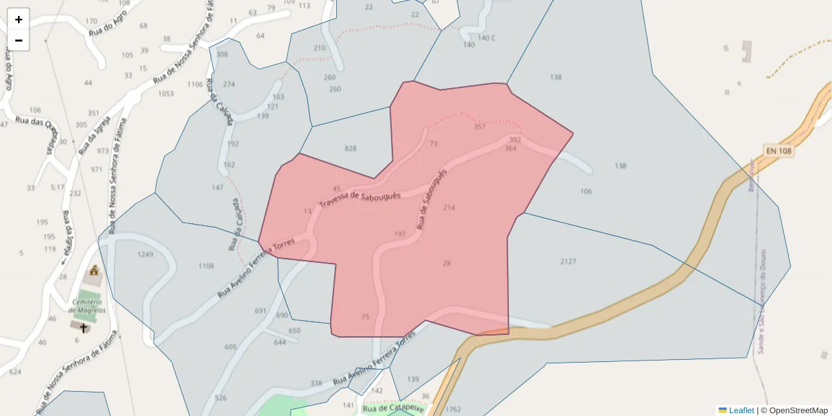 Mapa detalhado do código postal 4625-175 com limites, códigos postais vizinhos e agências dos correios