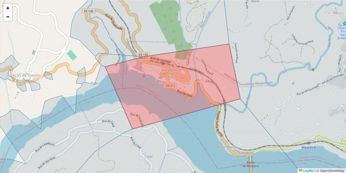 Mapa detalhado do código postal 4625-233 com limites, códigos postais vizinhos e agências dos correios