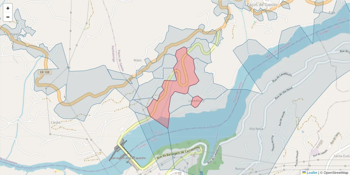 Mapa detalhado do código postal 4625-247 com limites, códigos postais vizinhos e agências dos correios