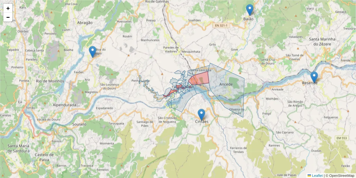 Mapa detalhado do código postal 4625-250 com limites, códigos postais vizinhos e agências dos correios