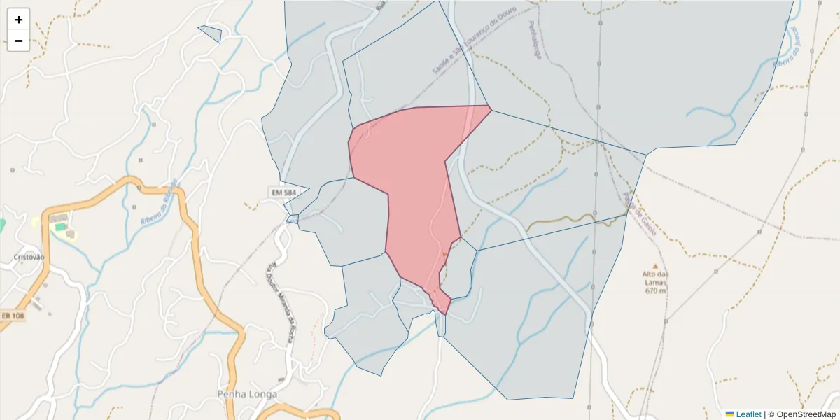 Mapa detalhado do código postal 4625-293 com limites, códigos postais vizinhos e agências dos correios