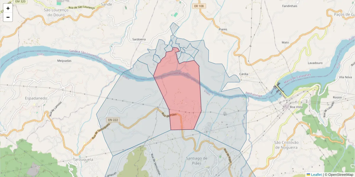 Mapa detalhado do código postal 4625-302 com limites, códigos postais vizinhos e agências dos correios