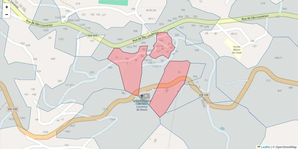 Mapa detalhado do código postal 4625-520 com limites, códigos postais vizinhos e agências dos correios