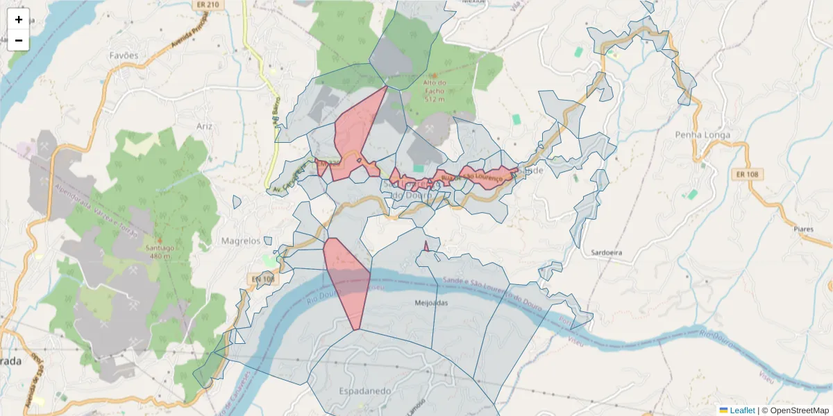 Mapa detalhado do código postal 4625-529 com limites, códigos postais vizinhos e agências dos correios
