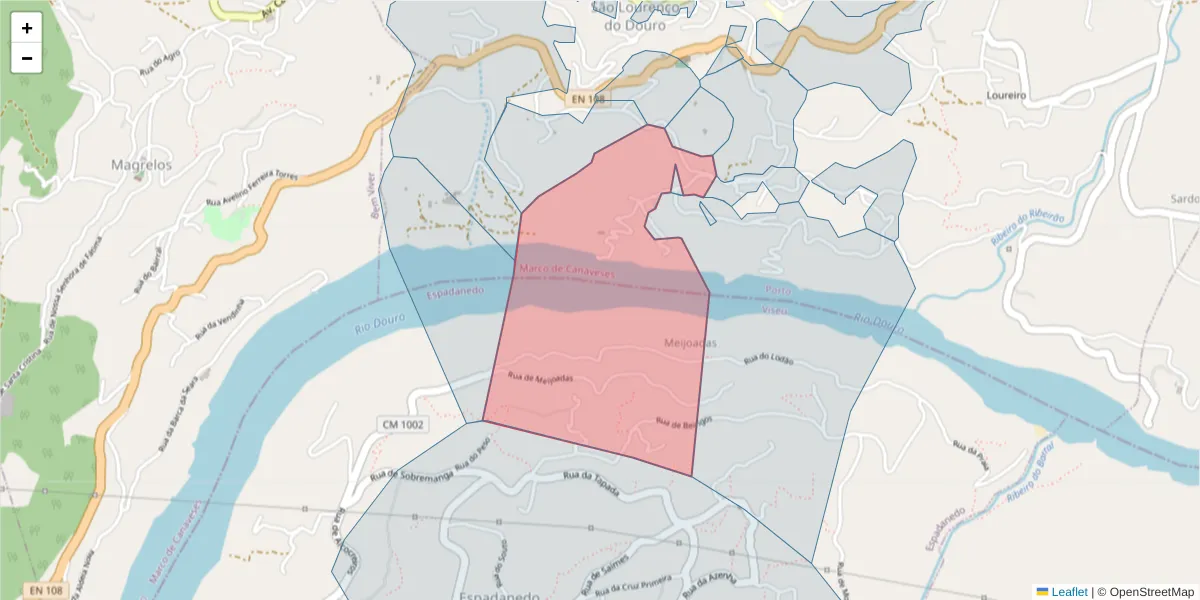 Mapa detalhado do código postal 4625-562 com limites, códigos postais vizinhos e agências dos correios