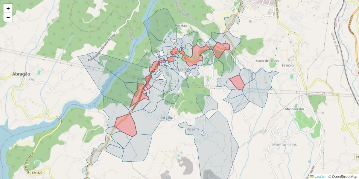 Mapa detalhado do código postal 4630-001 com limites, códigos postais vizinhos e agências dos correios