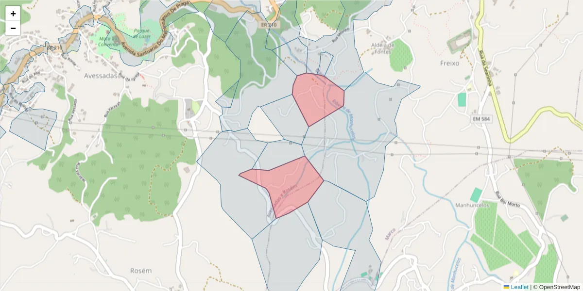 Mapa detalhado do código postal 4630-014 com limites, códigos postais vizinhos e agências dos correios